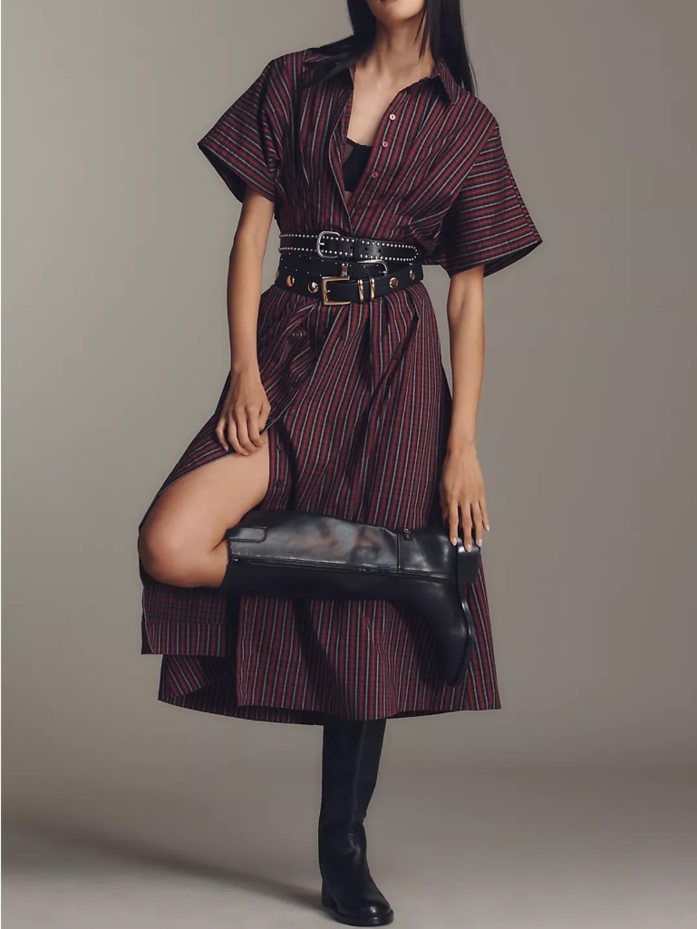 The Tobie Shirt Dress Exquise Burgundy black plaid NWT $148 button front Midi